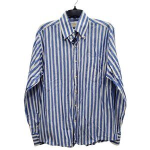 Oxer Men's Vintage Blue White Stripe Cotton Long Sleeve Button Up Shirt Italy XL